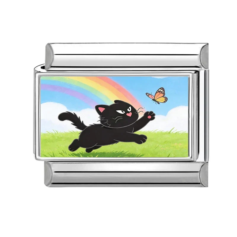 2026 Wholesale Rainbow Cloud Cat Stars Moon Cat Charm Bracelet Fit 9mm Bracelet Stainless Steel Italian Links Making DIY Jewelry