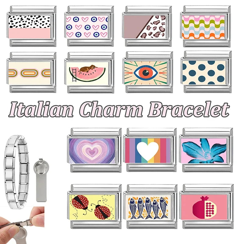 Creative Personalized DIY Italian Charm Bracelet Flower Dog Watermelon Eye Heart Bead Fit 9mm Bracelet Stainless Steel Jewelry