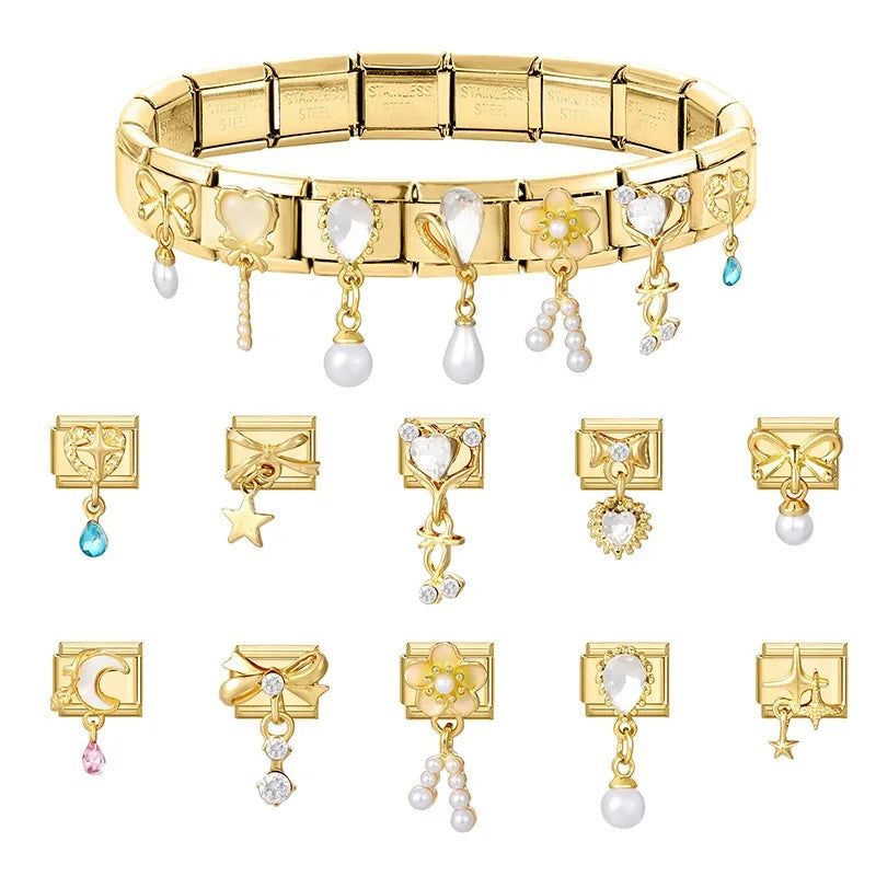 Fashion Dreamy Luxury Gold Color Series Red Heart Bows Zircon  Italian Charms Fit 9mm Stainless Steel Women Bracelet DIY Jewelry