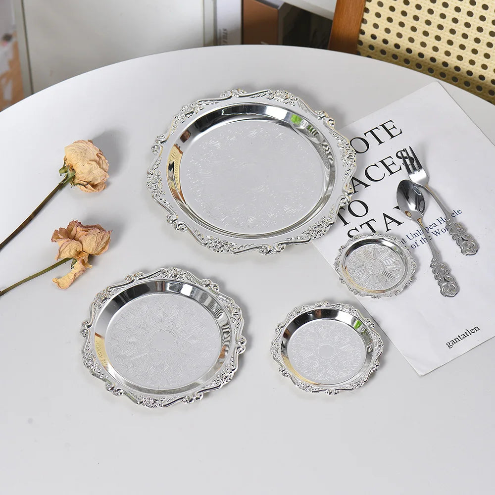 Retro Luxury Silver Trays Plates Cake Dessert Tray High Tea Snack Fruit Dish Jewelry Storage Tabletop Decor Home Hotel Supplies
