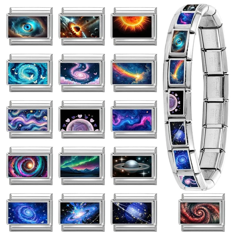 2026 Wholesale Shiny Moon Stars Night Sky Black Italian Charm Links Fit 9mm Stainless Steel Bracelet Women DIY Making Gift