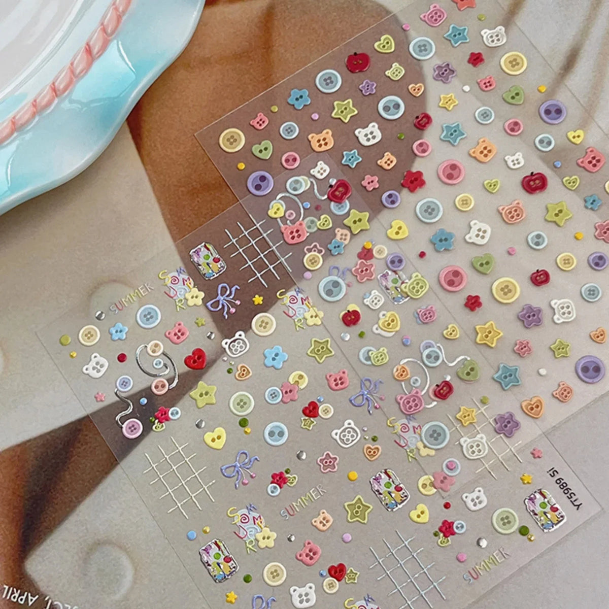 SUMMER Cute 5D Nail Art Sticker Color Button Bear Head Heart Star Bow Plaid Line Childlike Style Self Adhesive Decals Sweet DIY