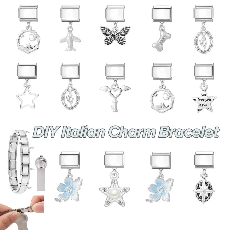 Cute Y2K Cat Butterfly Heart Flower Crab Star Bow Pendant Italian Charm Link Stainless Steel Fit 9mm Bracelet DIY Making Jewerly