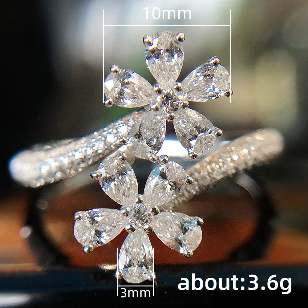 Huitan Luxury Crystal Flowers CZ Adjustable Opening Rings for Women Romantic Bridal Wedding Party Finger Rings Statement Jewelry
