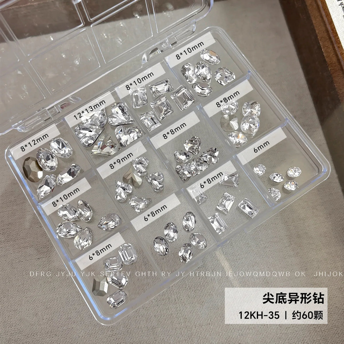 12 Grids Shiny Mixed Zircon Nail Rhinestones Round Transparent Nail Gems Irregular Nail Diamonds Manicure Decor Supplies