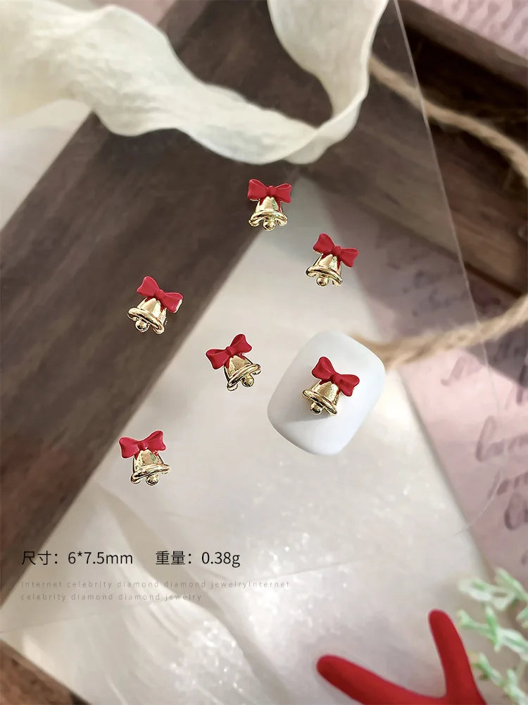 10pc 3D Christmas Bell Nail Art Charms Accessory Bow Gold and Silver Alloy Exquisite Bell Luxury Nails Decorations Supplies DIY