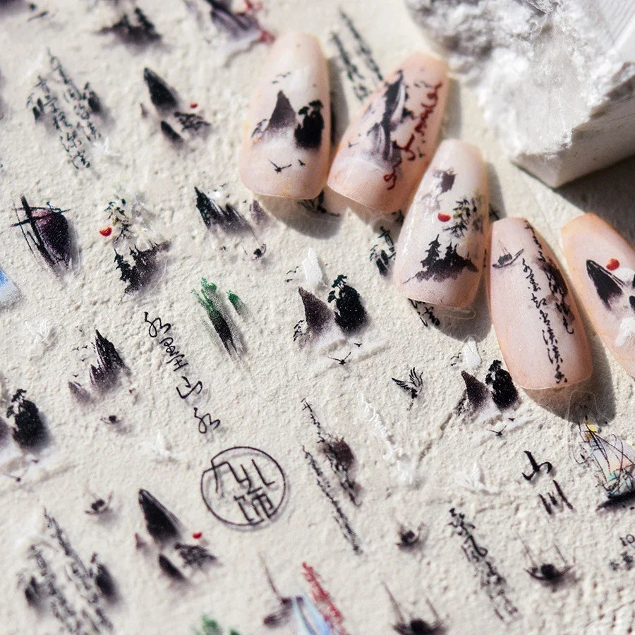 1 pc5D ancient ink painting mountain nail sticker black Chinese calligraphy poem crane self-adhesive nail art decorative sticker