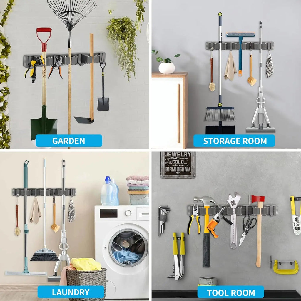 Mop and Broom Organizer Mop Holder Rack Mop Holder Wall Mounted Strong Broom Mop Holder Self With 5 Hooks Organizers Hang Broom