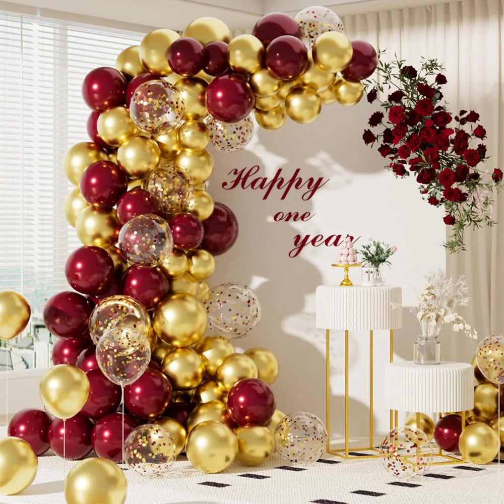 30pcs Burgundy Pearlescent Rose Gold with Gold Red Confetti balloons for Valentine's Day Birthday Wedding  Party Decorations