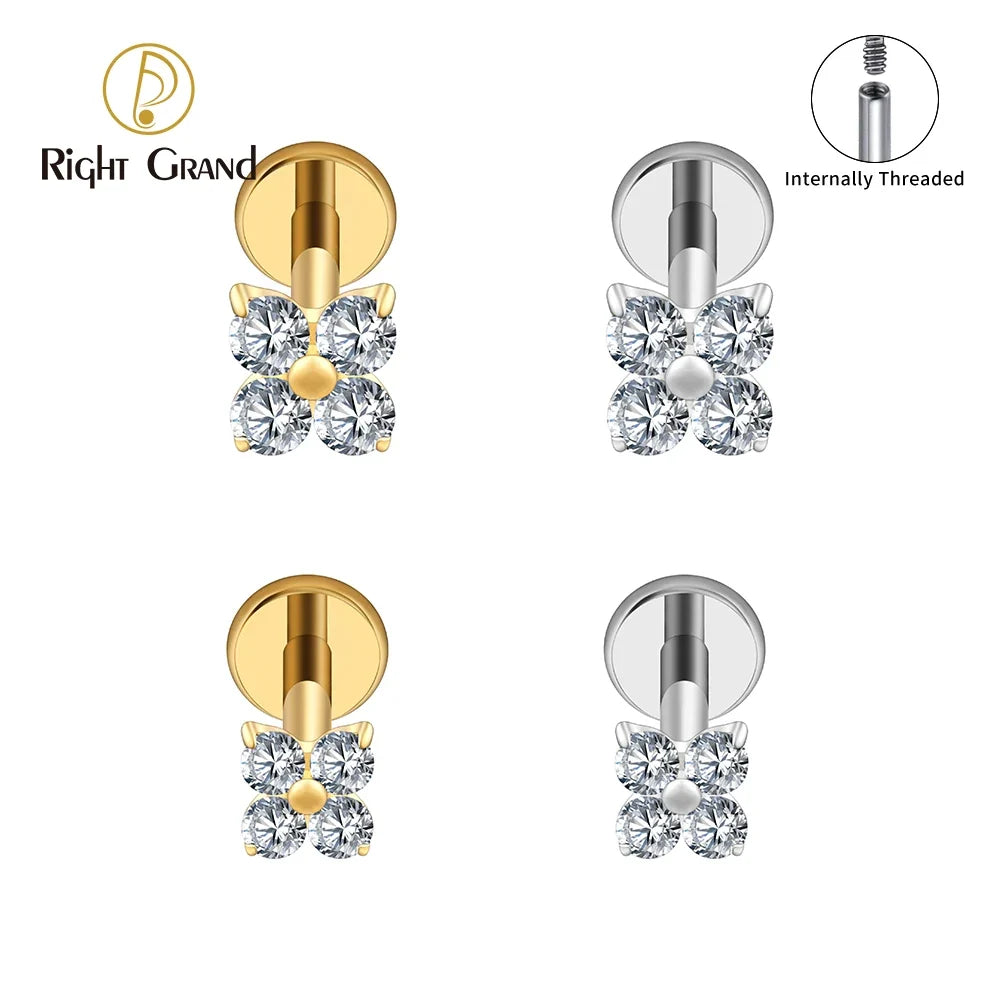 Right Grand ASTM F136 Titanium Flower CZ Cartilage Earring 16G Four Leaf Helix Tragus Stud Flat Back Labret Piercing Jewelry