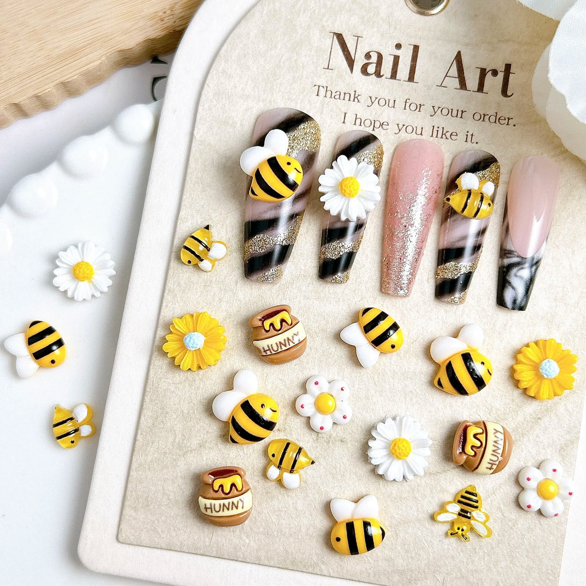 30PCS 3D Cartoon Cute Yellow Bee Nail Art Charms Creative Chubby Honey Can Sunflower Daisy Resin Nail Decorations for DIY Nails