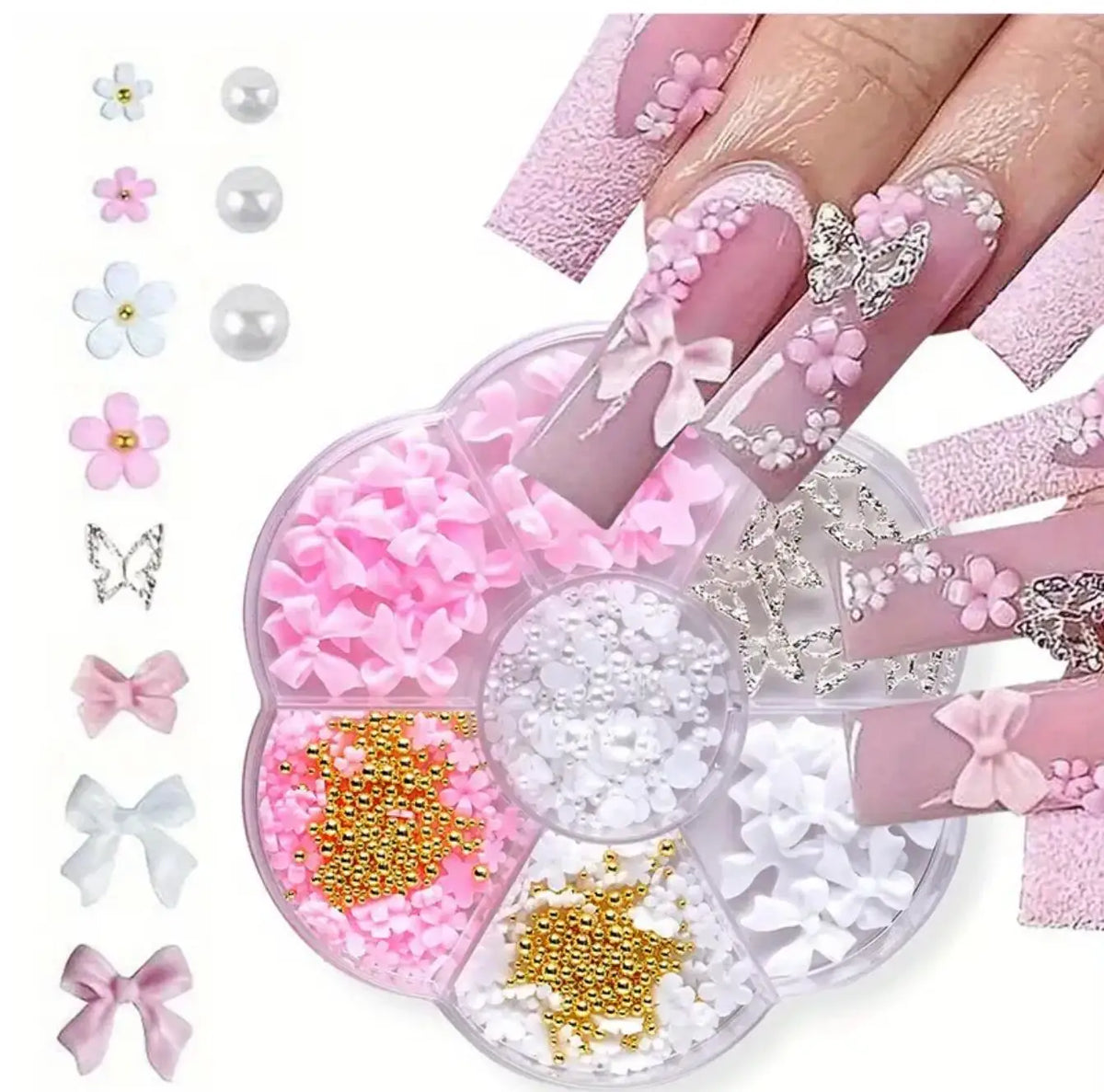 7Grids 3D Mixed Bow Flower Nail Art Charms Alloy Butterfly,Imitation Pearl,Steel Bead Nail Rhinestone Y2K Manicure DIY Accessory