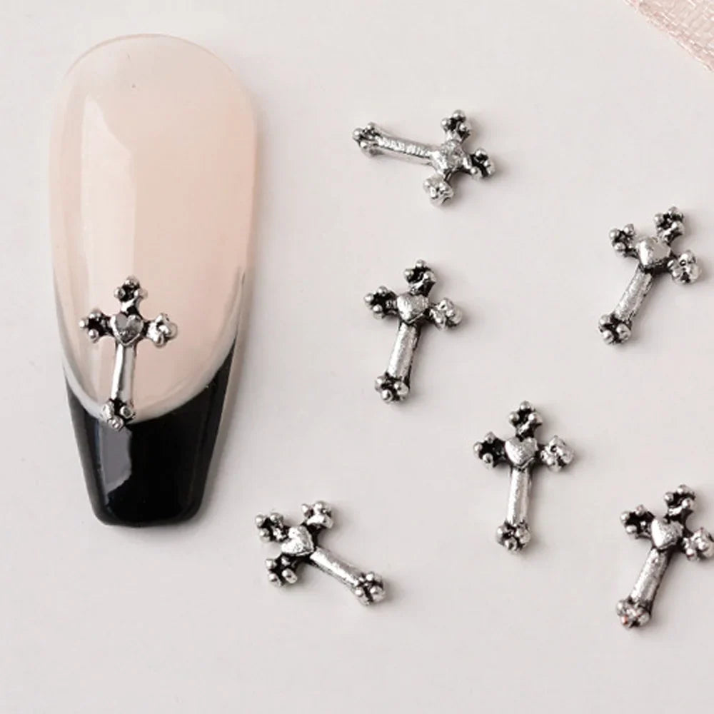 50pcs Mini Alloy Cross Nail Art Charm 3D Small Chrome Ancient Silver Heart Nail Decoration Jewelry Punk Design Nail Accessories