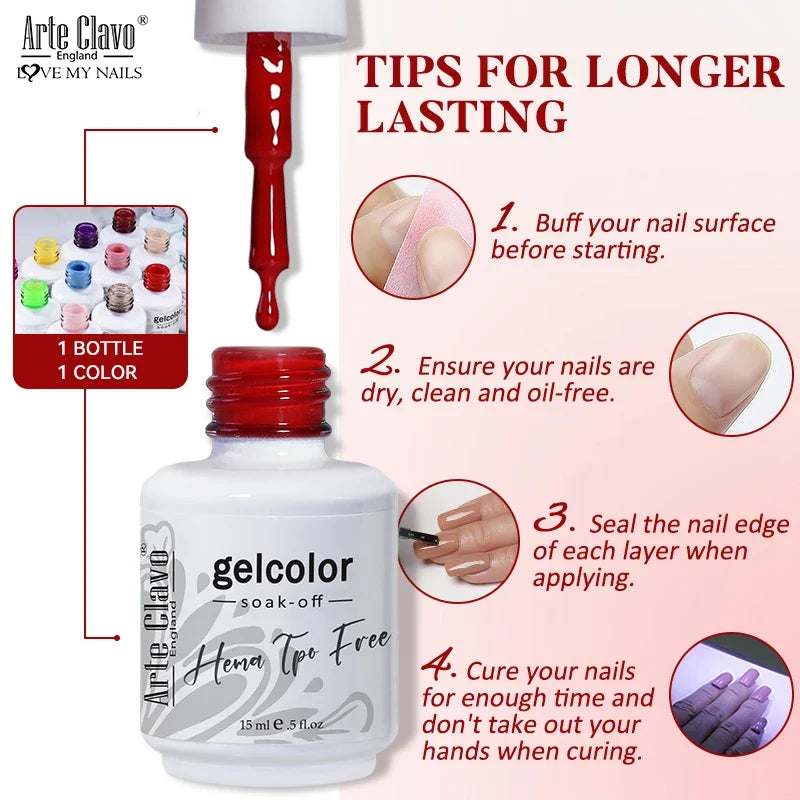 Arte Clavo HEMA TPO FREE 15ml UV LED Gel Nail Polish Soak Off Semi Permanent Daily Wear Universal Color For All Seasons Manicure