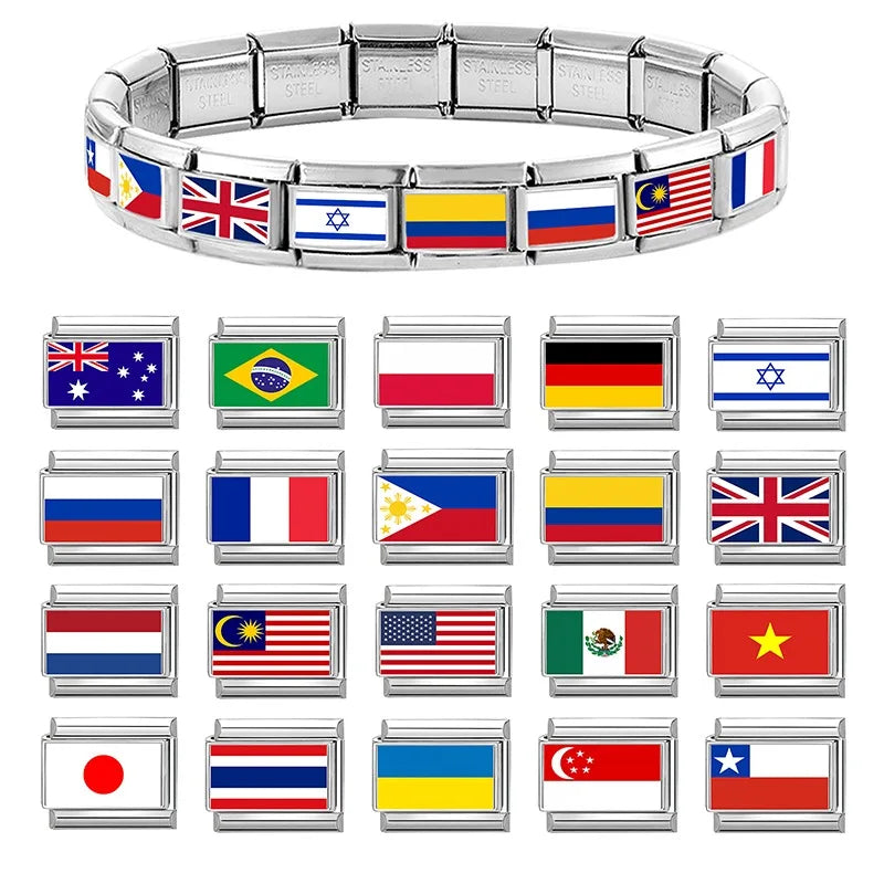2025New Colorful World National Flag Photo Italian Charm Link Fit 9mm Women Men Bracelet Stainless Steel Jewelry Making Bead DIY