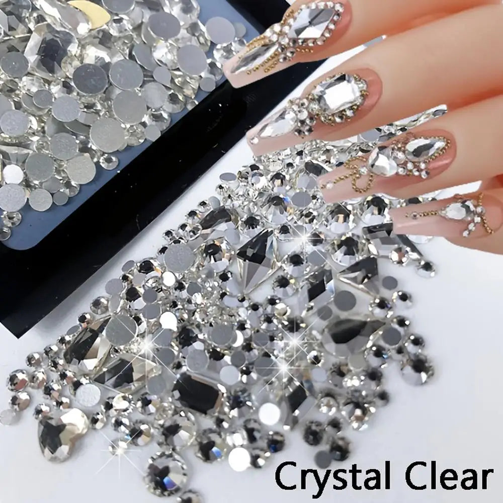 1Bag 3D AB/Clear Mixed-Shaped Round Nail Art Charms Sparkly Flatback Gold/Red Mini Rhinestones Nail Art Decorations Gems Diamond