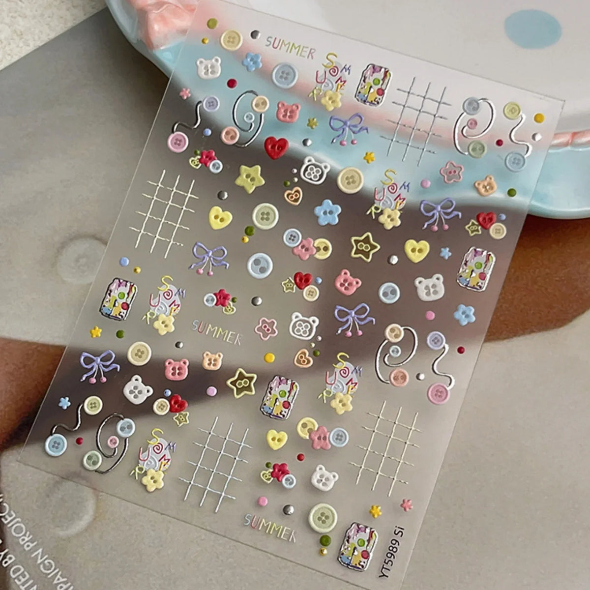 SUMMER Cute 5D Nail Art Sticker Color Button Bear Head Heart Star Bow Plaid Line Childlike Style Self Adhesive Decals Sweet DIY