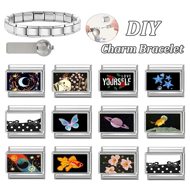 Creative Black Series Moon Star Butterfly Cat Rabbit Planet Y2K Italian Charm Links Fit 9MM Stainless Steel Bracelet DIY Making