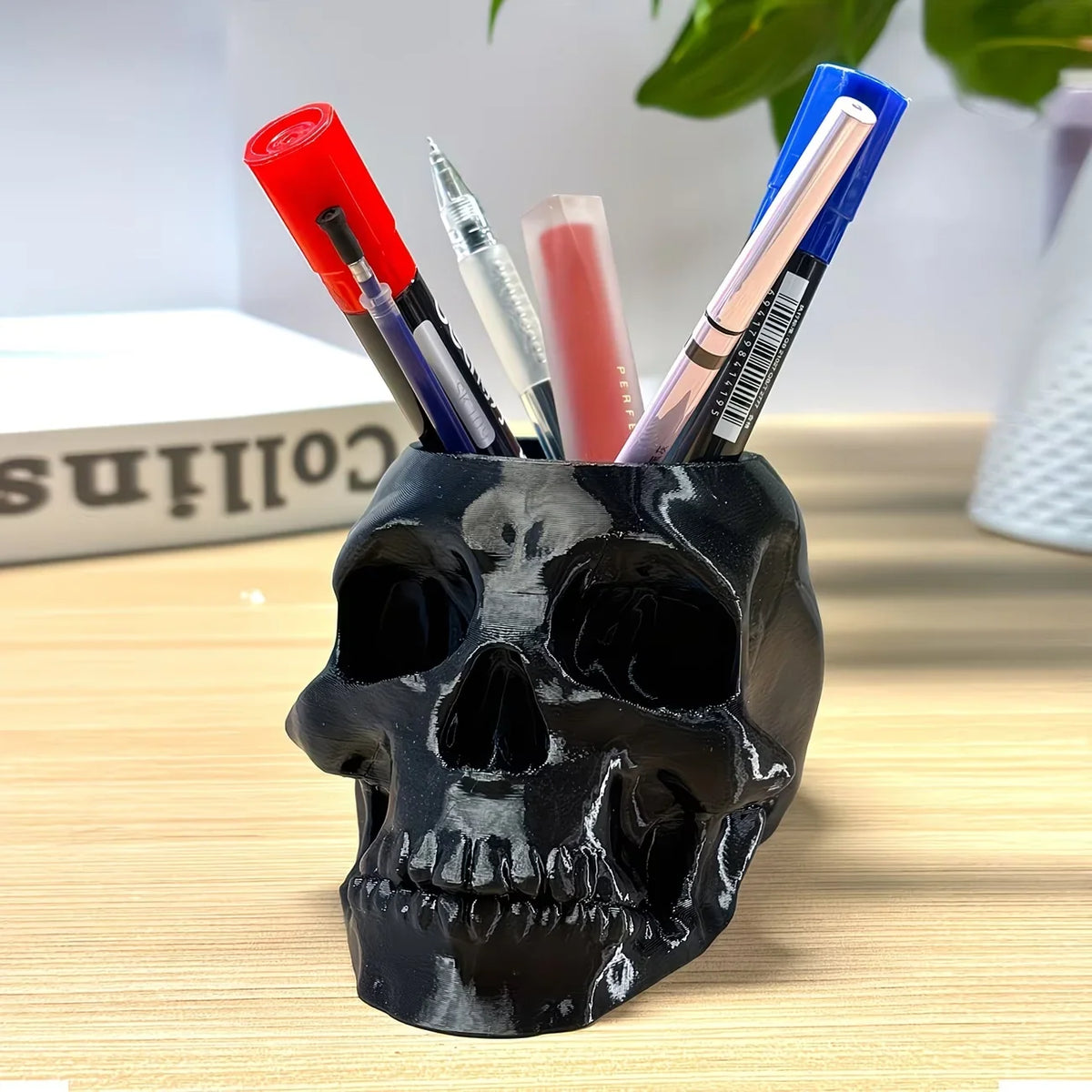 Skull Pen Holder Skull Makeup Brush Holder Skull Planter, Goth Decorations Home Office Indoor Desk Decorations