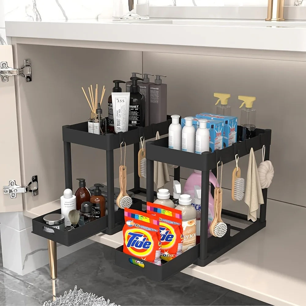 2-Tier Sliding Under Sink Organizer Multifunctional Space-Saving Bathroom Cabinet Storage Drawer
