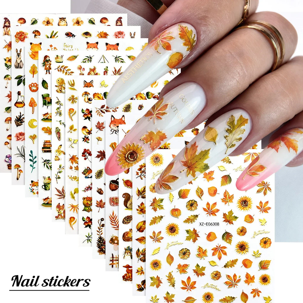12Pcs Autumn Maple Leaves Animal Nail Stickers Mixed Cartoon Fox Deer Squirrel Adhesive Nail Decals DIY Fall Manicure Decoration