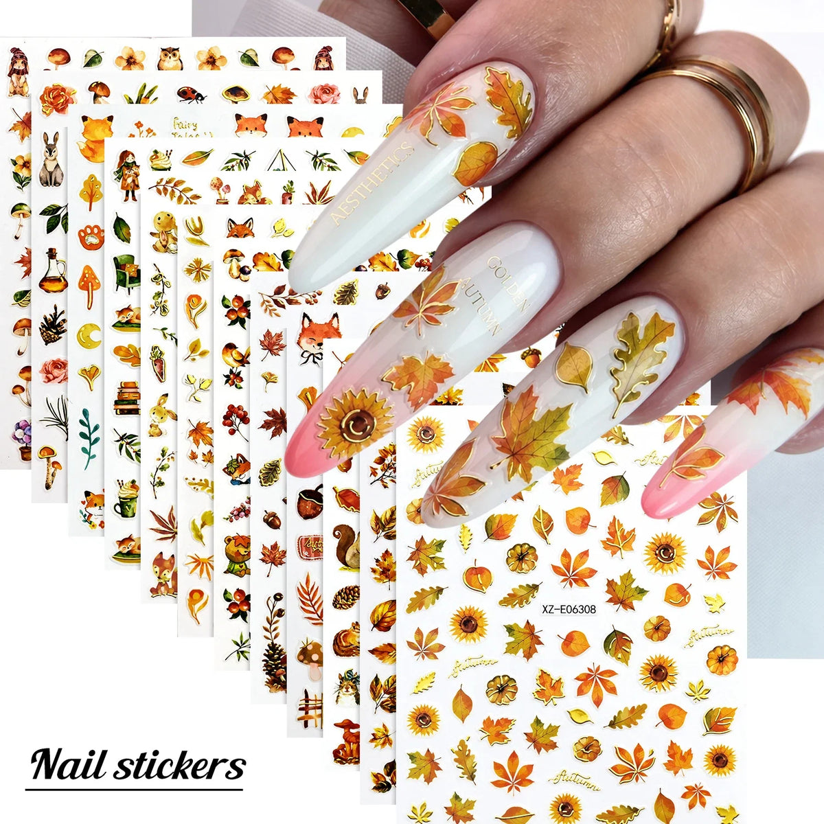 12Pcs Autumn Maple Leaves Animal Nail Stickers Mixed Cartoon Fox Deer Squirrel Adhesive Nail Decals DIY Fall Manicure Decoration