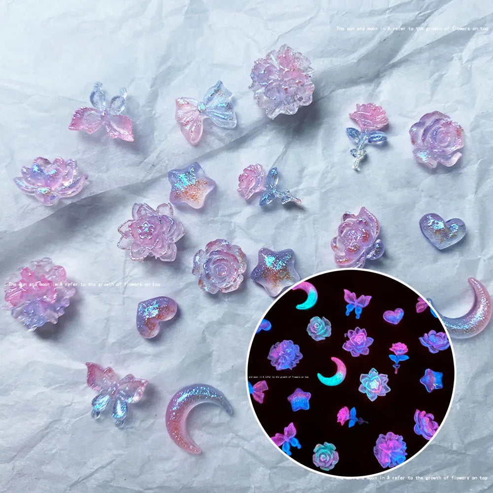 50pcs Mix Luminous Rose Flower Nail Art Charms Moon Star Heart Aurora Butterfly Nail Decorations Charms Y2K DIY Manicure Parts