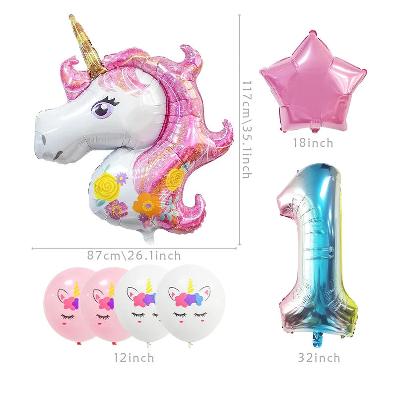 7Pcs Rainbow Unicorn Balloons Unicorn Birthday Decoration Number Foil Balloon Kids Girl Birthday Party Decor Baby Shower Globos