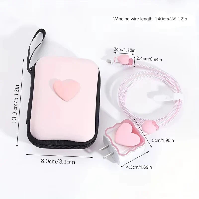 6PCS 3D Love Heart Silicone Charger Cable Protector Case Storage Bag For iPhone 20W 18W Charging Head Protective Cover Organizer