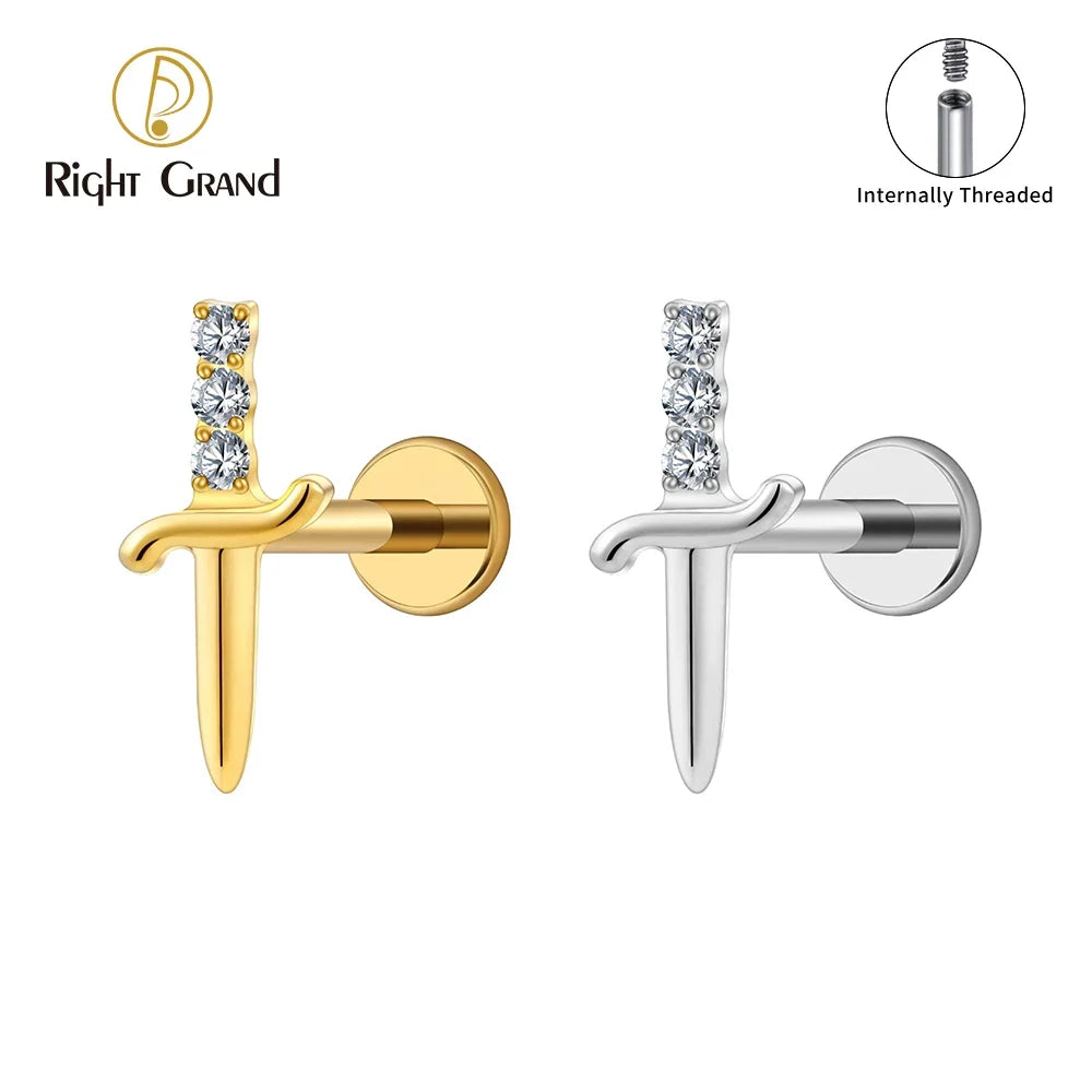 Right Grand ASTM F136 Titanium Cubic Zirconia Sword Flat Back Stud Earring 16G Tiny Poniard Helix Tragus Cartilage Lip Piercing