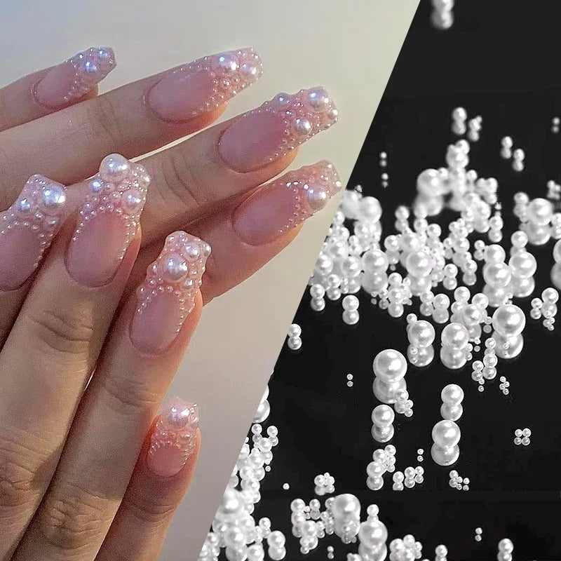 White Pearls Nail Beads DIY Manicure 3D Nail Art Decoration Rhinestone Half Round Mixed Size Beige Flatback Nail Material Supply