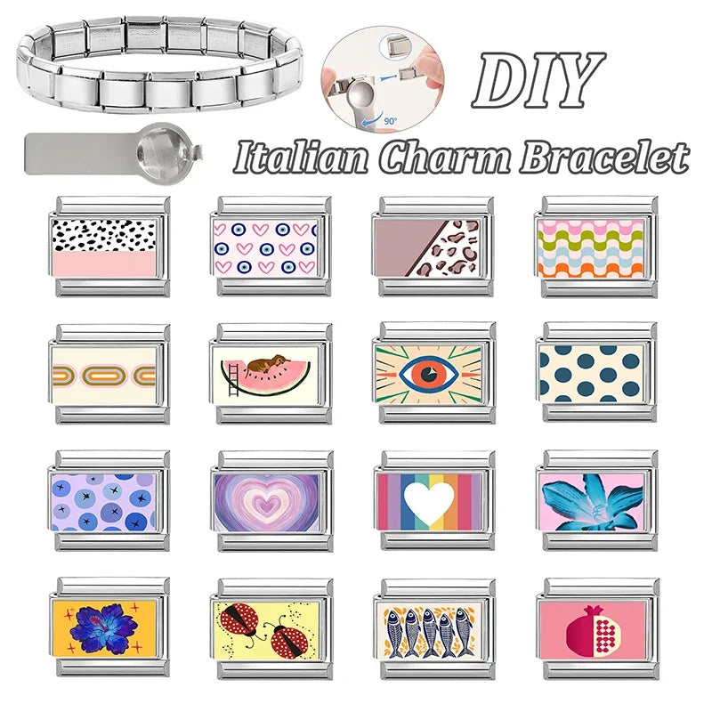 Creative Personalized DIY Italian Charm Bracelet Flower Dog Watermelon Eye Heart Bead Fit 9mm Bracelet Stainless Steel Jewelry