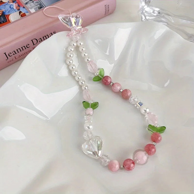 1pcs Peach Beaded Mobile Phone Charm Strap Hyu, Women Sweet Girls Jewelry, Pearl Cellphone Flower Lanyard for iPhone Keychain