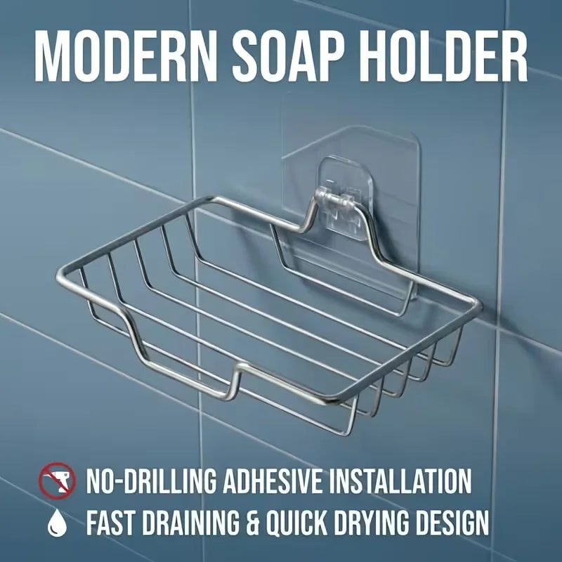 Multi-Purpose under Sink Organizer Silvery Stainless Steel Soap Dish Wall Mounted No Drill Soap Holder with Drainage 1/2/3pcs Se