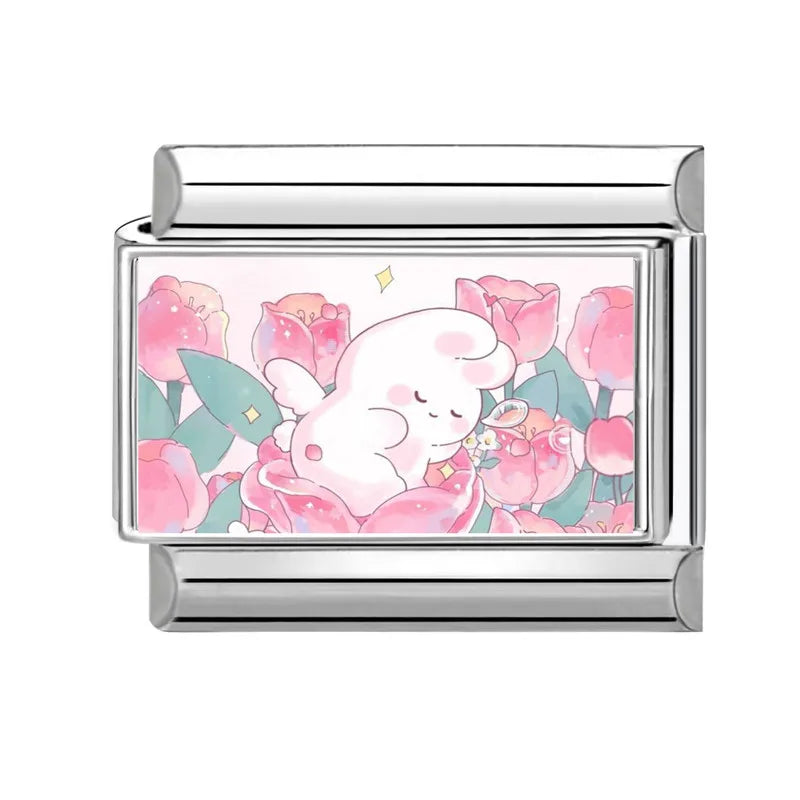 Easter Colorful Rabbits Series Beautiful Flowers Italian Link Fit 9mm Stainless Steel Bracelet Jewelry Making DIY Gift Wholesale