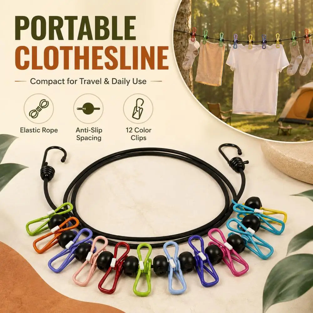 1.8 m portable elastic clothesline with 12 color clips, anti-slip, travel outdoor camping, windproof clothes drying rope