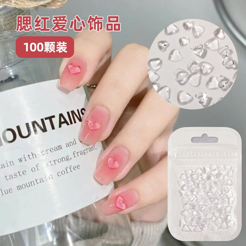 100pcs Heart Nail Art Decoration Transparent Flat Bottom Jelly Resin Peach Love Charms Ornament Nails Art Accessories 1 Bag