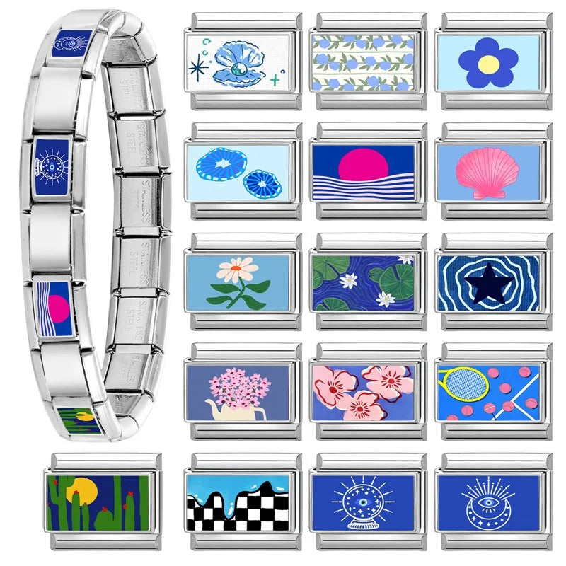2025 Design Blue Series Black Cats Rabbit Eye Flower Sun Italian Charm Links Stainless Steel Fit 9mm Bracelet Jewelry DIY Making