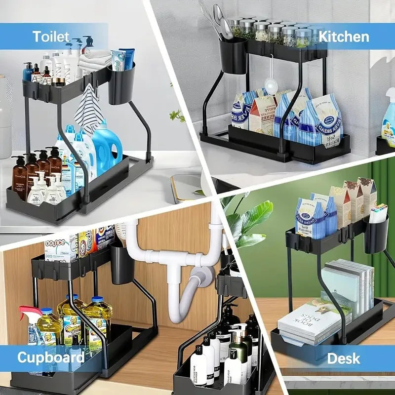 2-Tier Pull Out Under Sink Organizer Sliding Drawer Shelf Storage Rack with Hooks Cup for Kitchen Bathroom Counter Cabinet