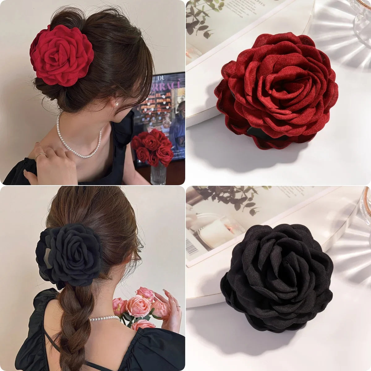 16 Colors Sweat Medium Size Cotton Fabric Rose Flower Hair Claw Clips for Women Korean Ctach Shark Clamp Hair Accessories 2024