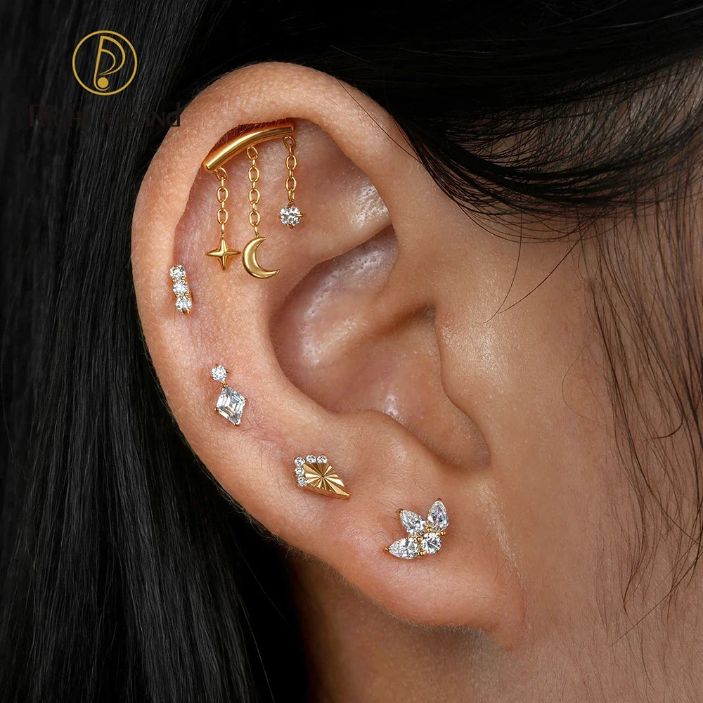 Right Grand ASTM F136 Titanium Tiny Triple CZ Bar Labret Lip 16G Flat Back Cartilage Helix Tragus Nose Stud Piercing Jewelry