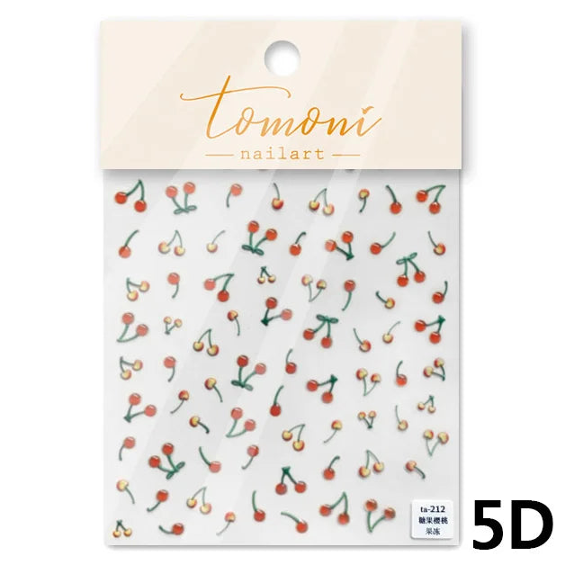 Colorful Zircon Cherry Design Lovely 5D Soft Embossed Reliefs Self Adhesive Nail Art Stickers Cute 3D Jelly Manicure Decals