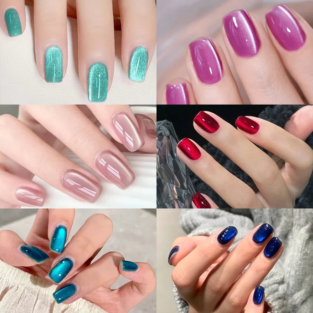 288pcs Red Blue Cat Eye Medium Coffin Press On Nails Colorful French Short Round Square False Nails Glossy Glitter Fake Nail Tip