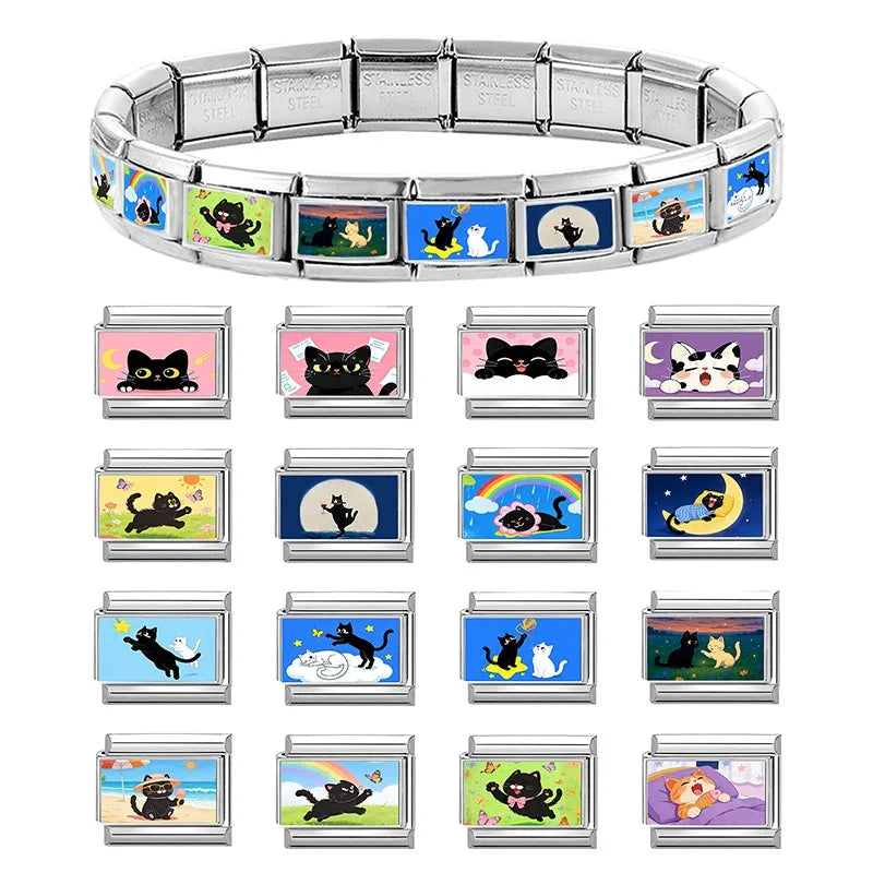 2026 Wholesale Rainbow Cloud Cat Stars Moon Cat Charm Bracelet Fit 9mm Bracelet Stainless Steel Italian Links Making DIY Jewelry