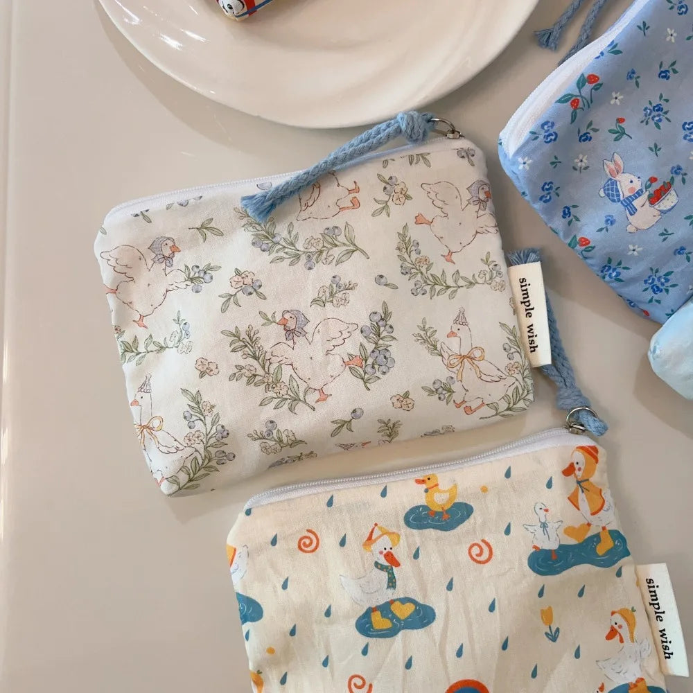 Cute Cartoon Prints Mini Coin Purse Square Cotton Sundries Pouch Zipper Portable Earphone Lipstick Storage Bag