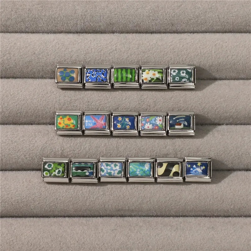 2026 New Women's Gift Beautiful Flowers Green Leaf Italian Charms Link Bead Fit 9mm Stainless Steel Modular Bracelet Jewelry DIY
