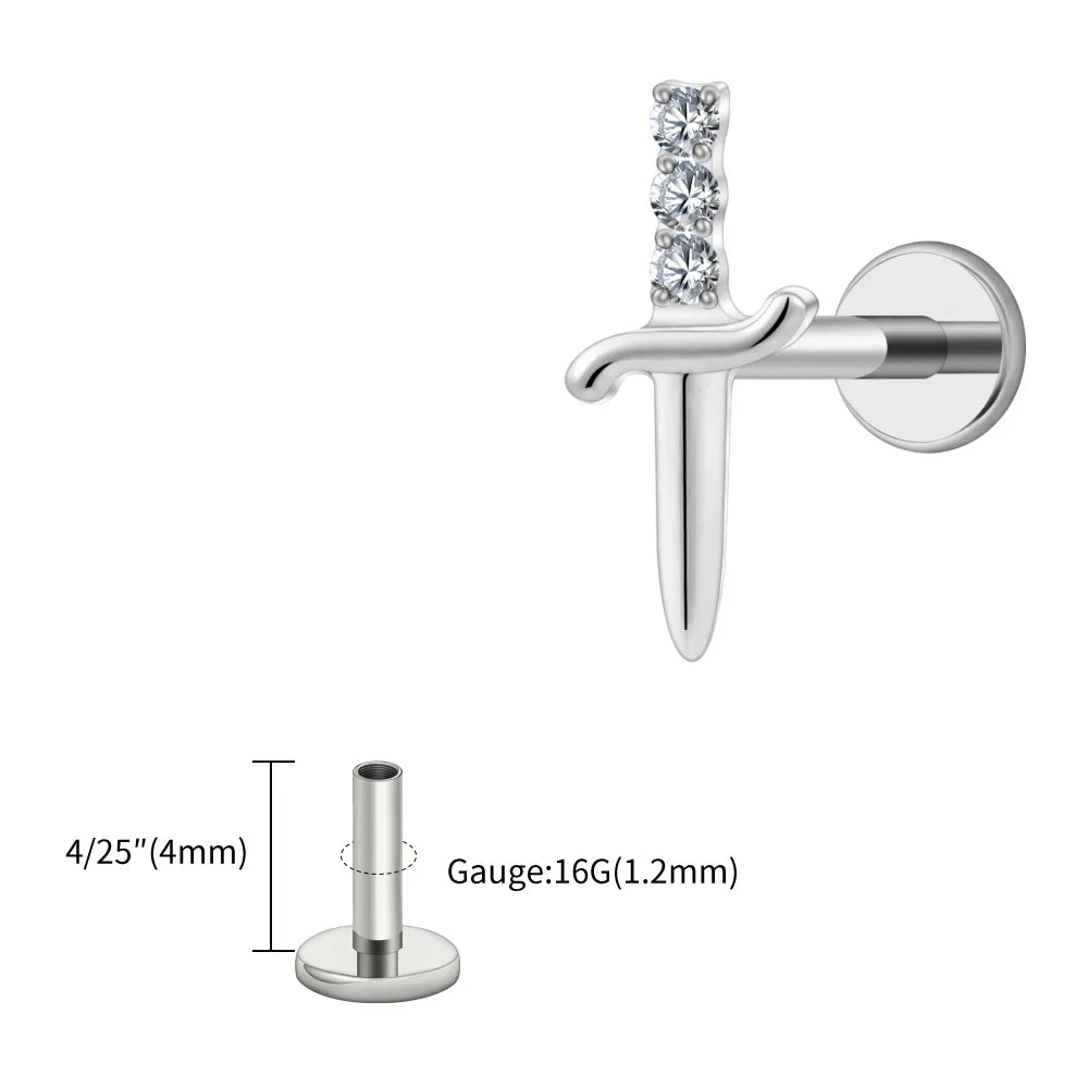 Right Grand ASTM F136 Titanium Cubic Zirconia Sword Flat Back Stud Earring 16G Tiny Poniard Helix Tragus Cartilage Lip Piercing
