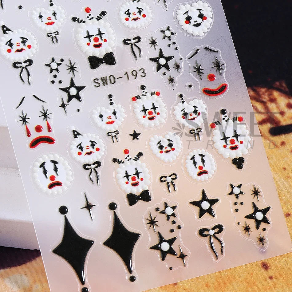 2pcs Halloween Nail Stickers Wacky Expression Clown Face Bowknot Star Pattern Nail Decals DIY Manicure Decoration Nail Supplies