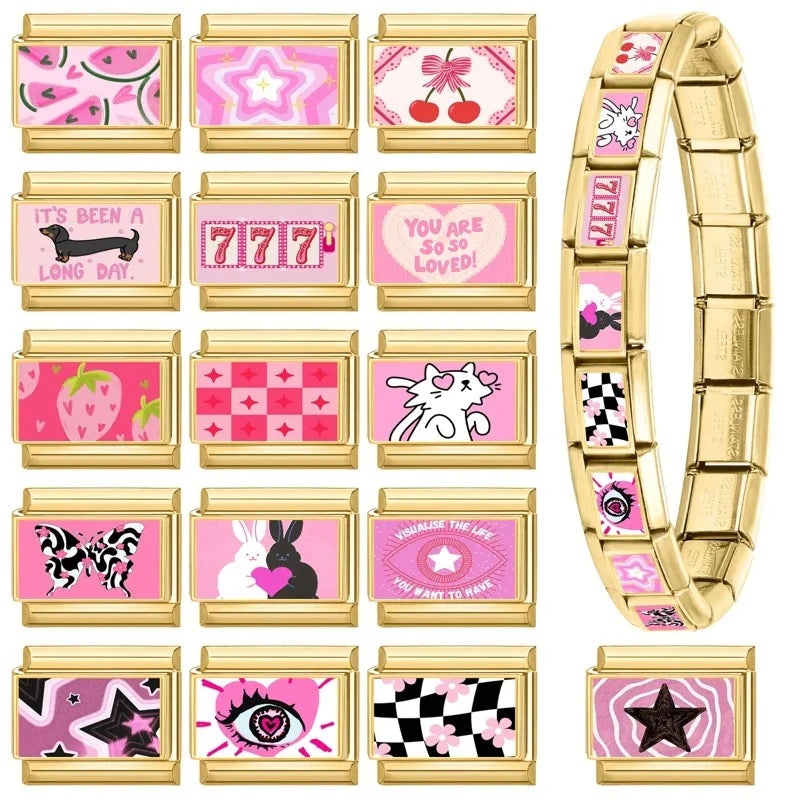 Y2K Wholesale 777 Flowers Dachshund Dogs Gold Italian Charm Link Fit 9mm Stainless Steel Jewelry DIY Making Women Bracelets Gift