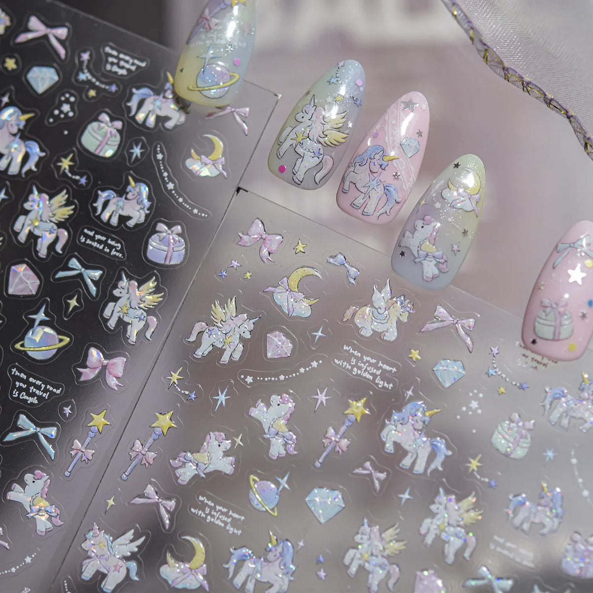 5D Fantasy Y2K Nail Decals Laser Holographic Unicorn Star Moon Gem Diamond Gift Box Self-adhesive Nail Art Sticker Fantasy Girl